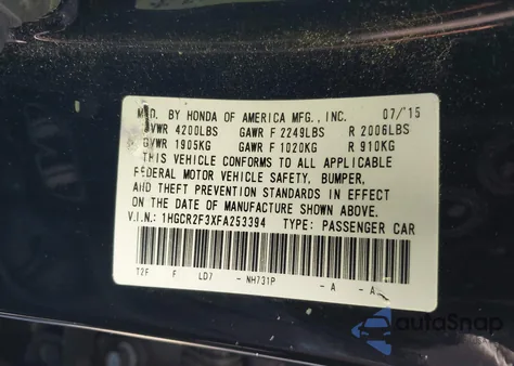 2015 Honda Accord Lx z USA, uszkodzony, nr VIN 1HGCR2F3XFA253394